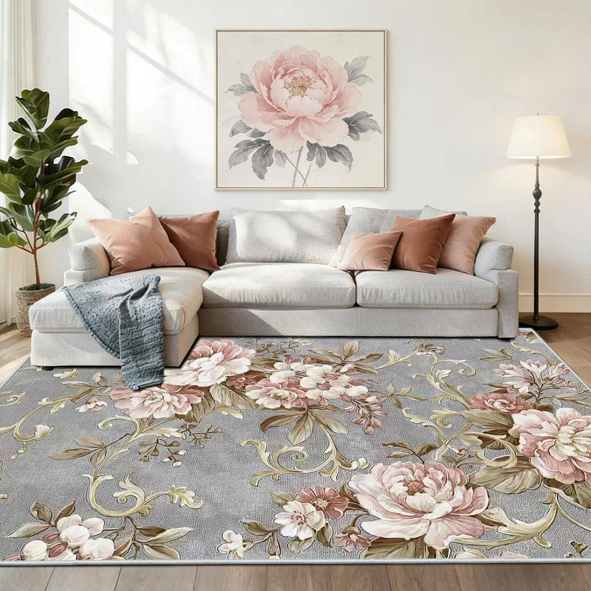 Waschbarer Boho Teppich Rosa Blumen 120x180cm