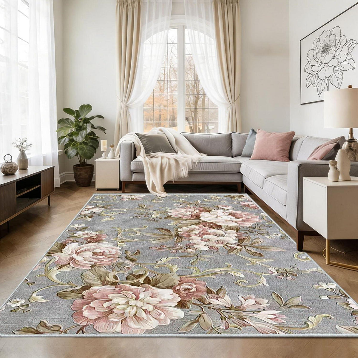 Waschbarer Boho Teppich Rosa Blumen 120x180cm