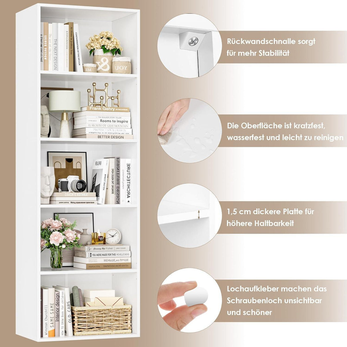 5-Fächers Bücherregal weiß – Modernes Standregal 159cm