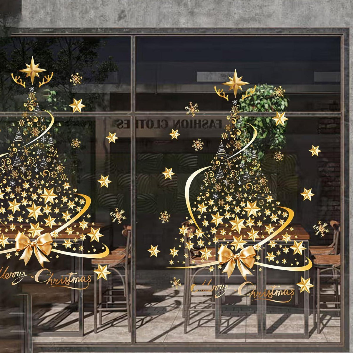 2x Fensterbilder Weihnachten – Goldene Baum Deko Aufkleber