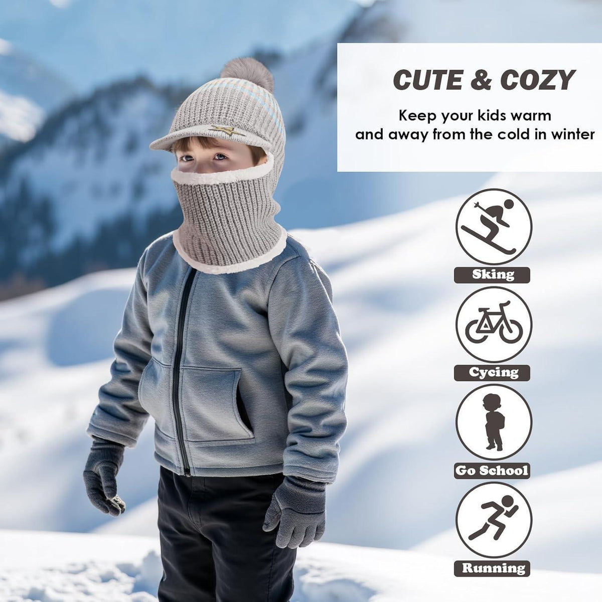 Kinder Wintermütze Set: Schlupfmütze, Schal & Sturmhaube Hellgrau