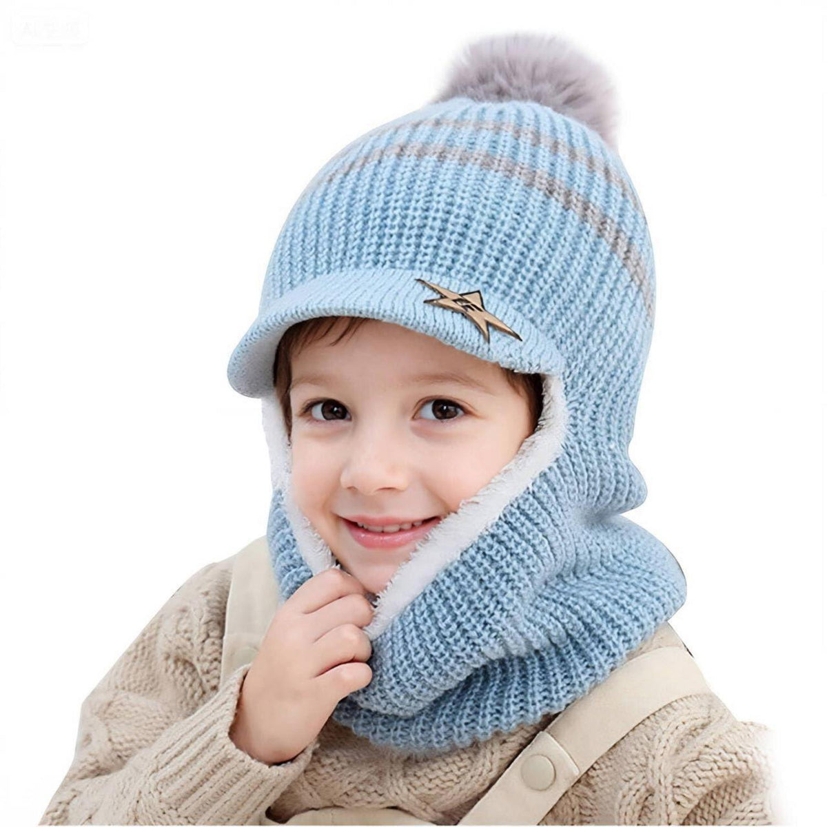 Kinder Wintermütze Set mit Schal & Sturmhaube – Blau