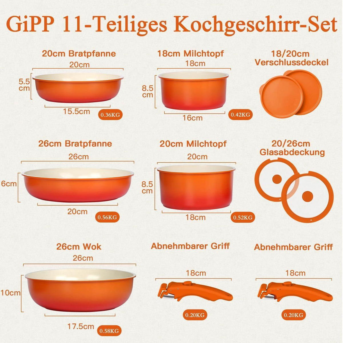 11-teiliges Topfset mit abnehmbarem Griff & Induktionsboden Orange