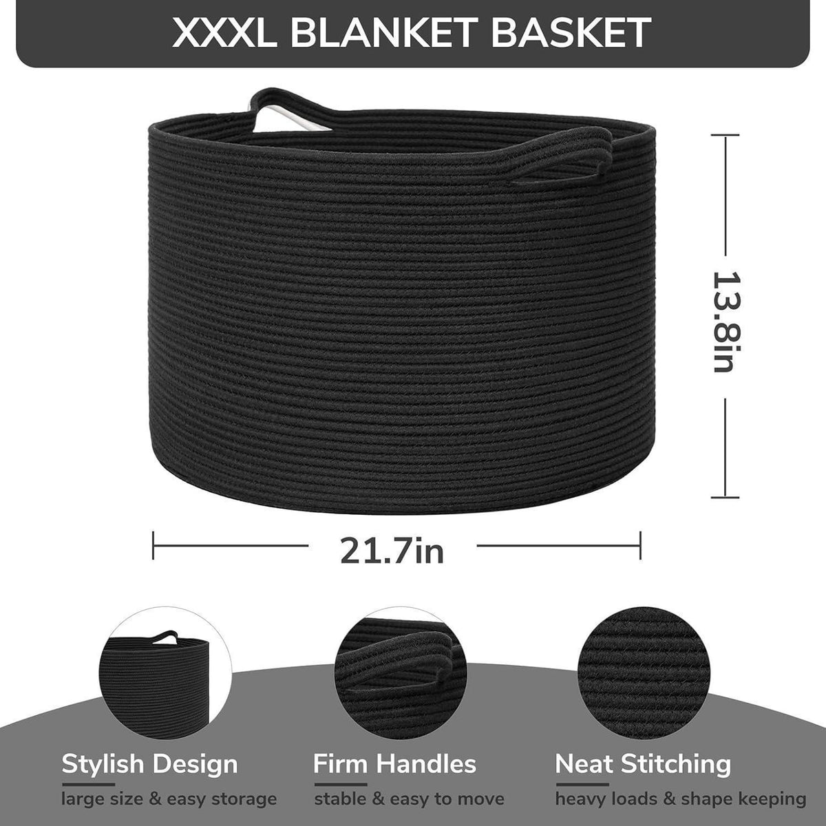 Großer Aufbewahrungskorb aus Baumwolle – 55x35 cm, Schwarz