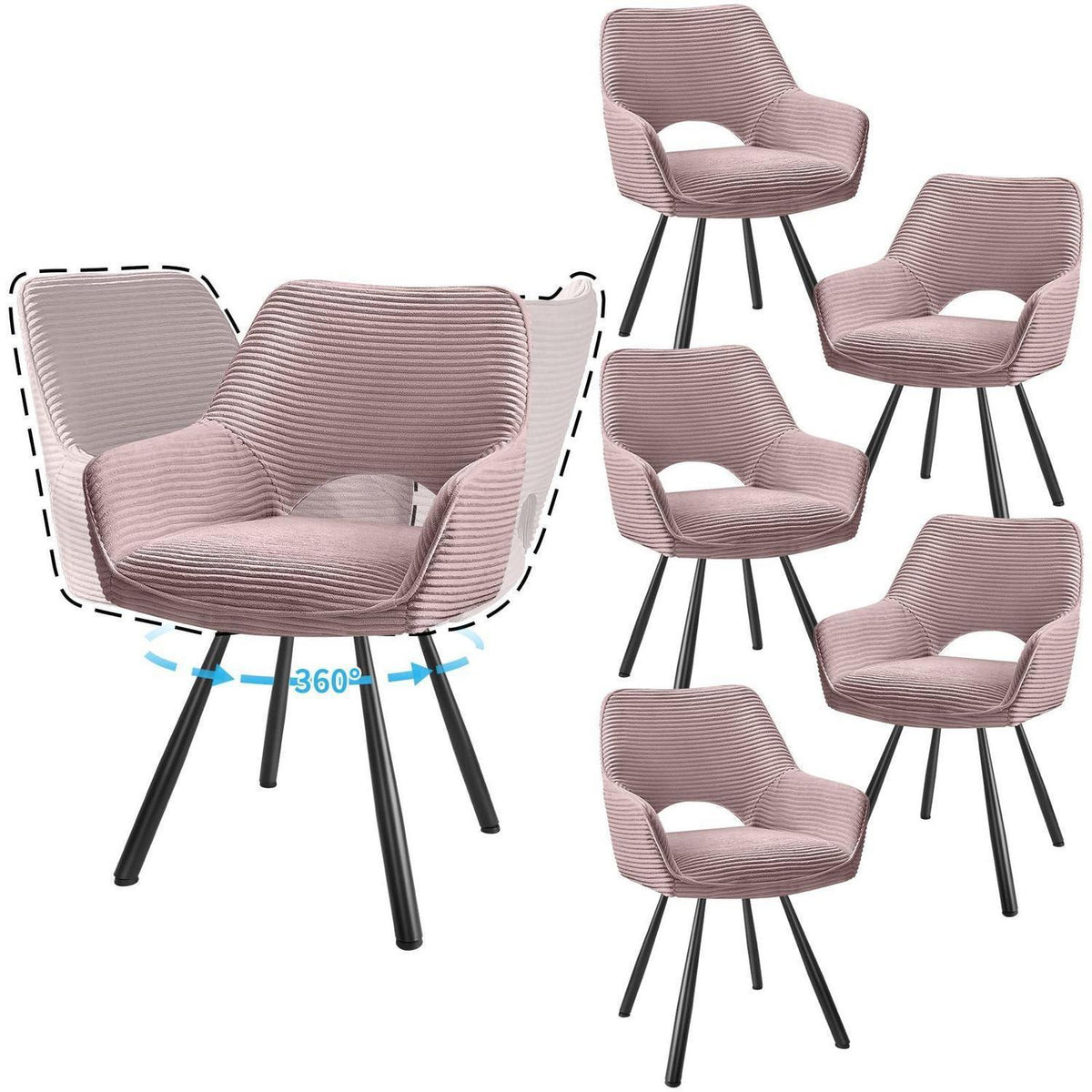 Drehbarer Esszimmerstuhl mit Armlehnen, Rosa – 6er Set