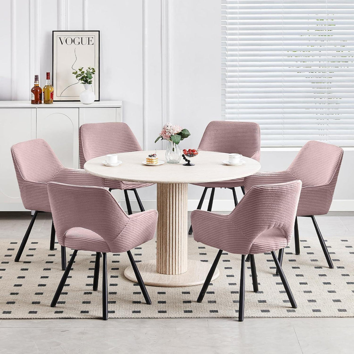 Drehbarer Esszimmerstuhl mit Armlehnen, Rosa – 6er Set