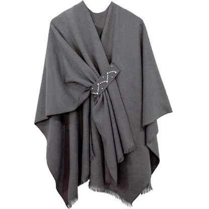 Damen Poncho Strick Cape Decke Wendbar Oversized Grau