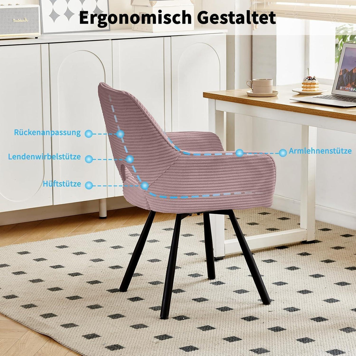 360° Drehbarer Esszimmerstuhl mit Armlehnen, Rosa