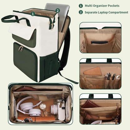 Lunch-Rucksack für Damen, Grün-Beige, mit Lunchbox & Laptopfach