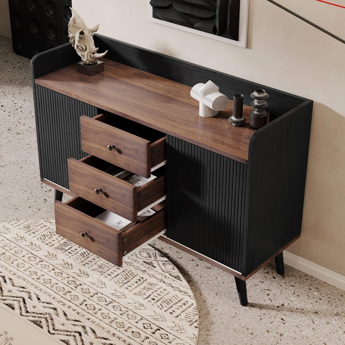 Schiebetüren Kommode Schwarz | Wohnzimmer Sideboard mit 3 Schubladen