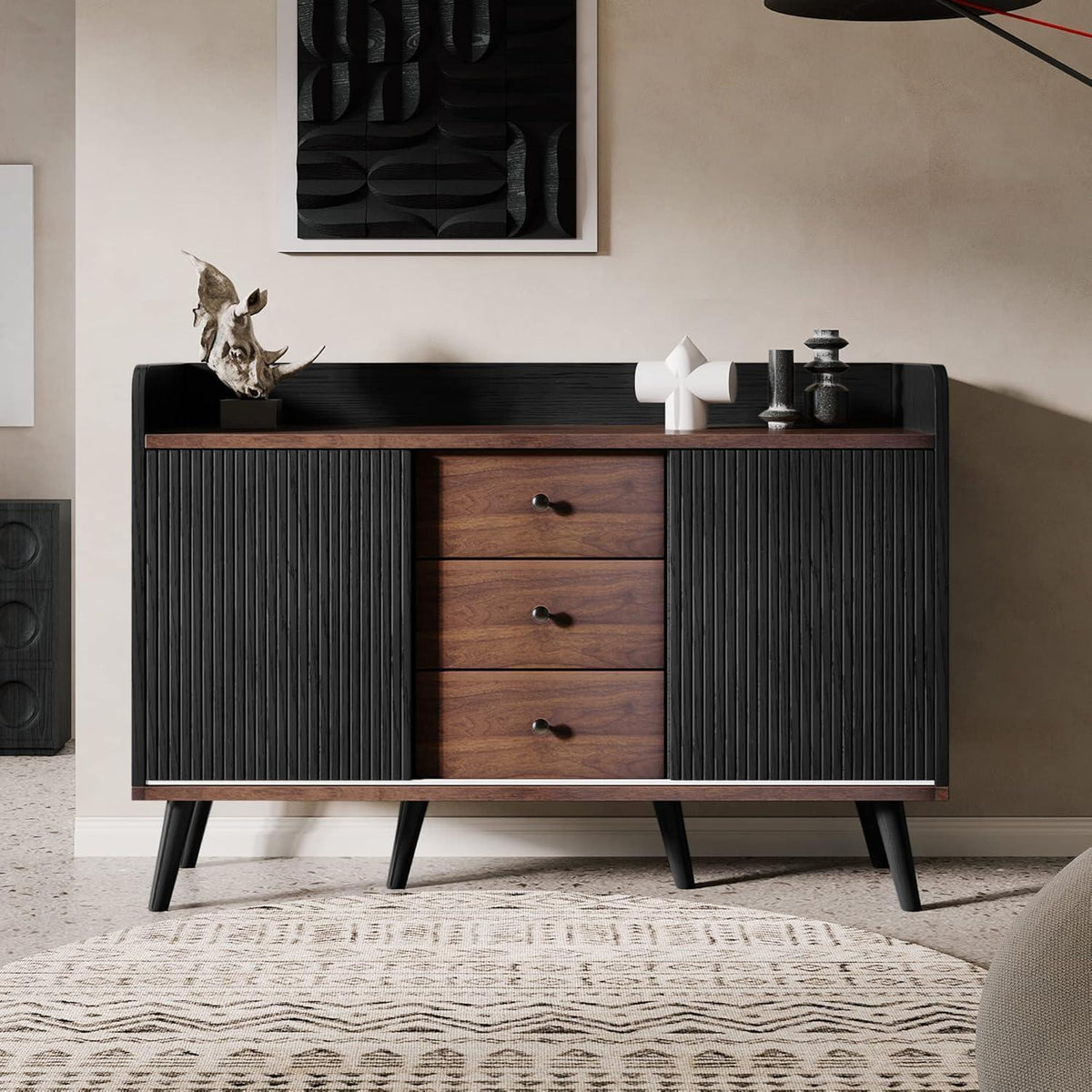Schiebetüren Kommode Schwarz | Wohnzimmer Sideboard mit 3 Schubladen