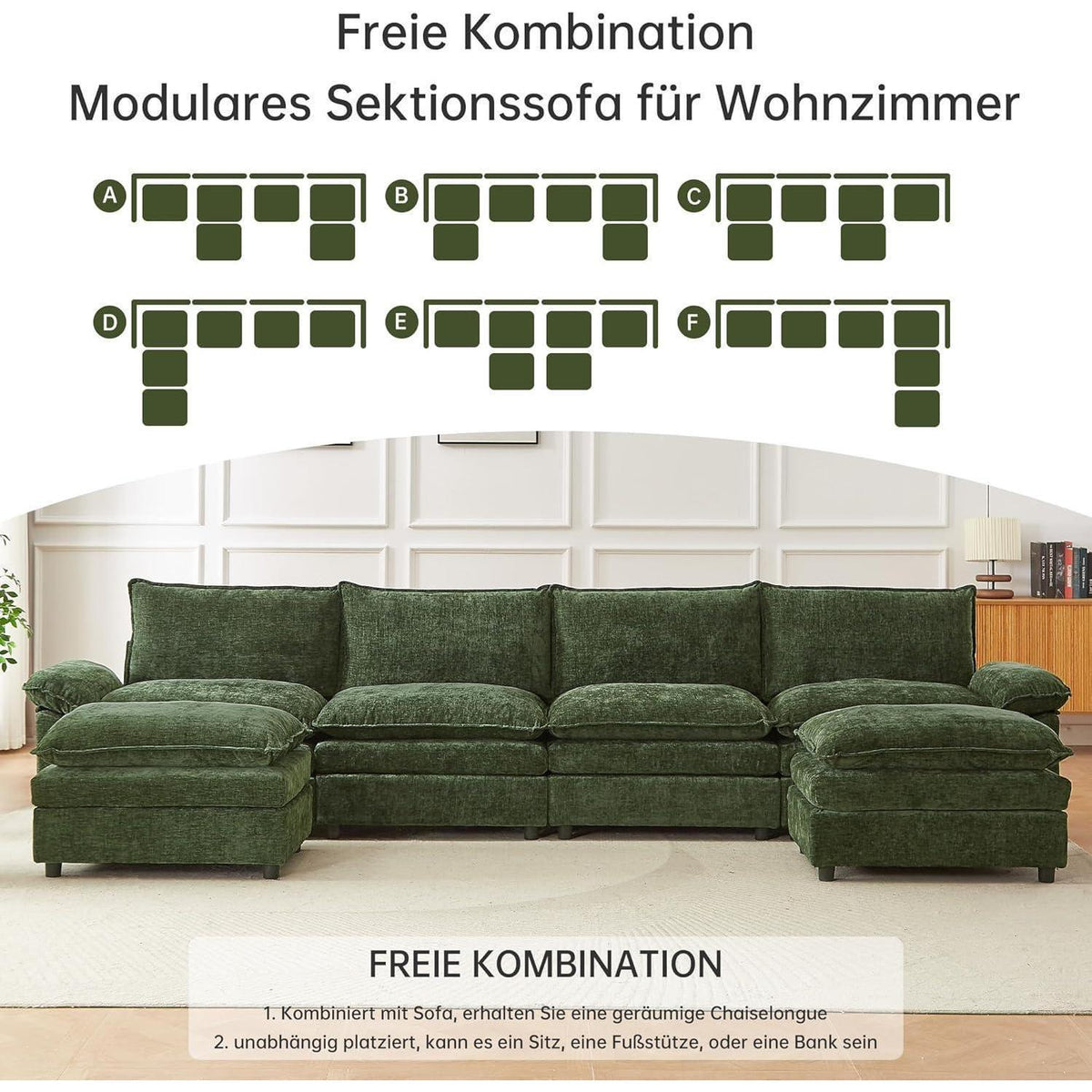 JIEXI Ecksofa mit Schlaffunktion, Grün, 4-Sitzer, U-Form