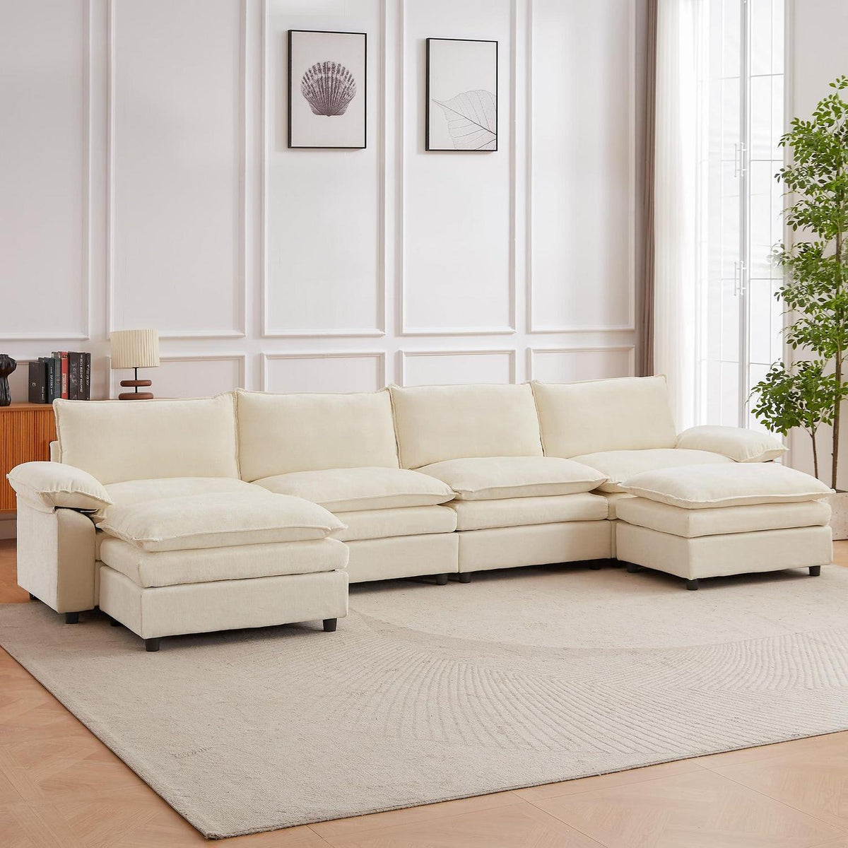 JIEXI Ecksofa mit Schlaffunktion – Beige, 4-Sitzer, U-Form