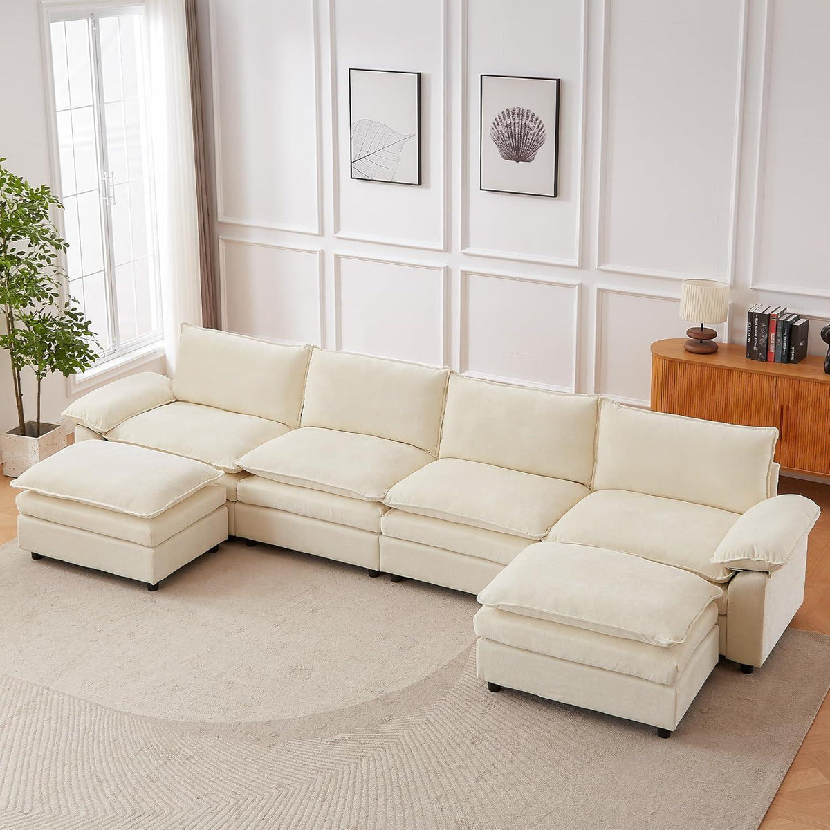 JIEXI Ecksofa mit Schlaffunktion – Beige, 4-Sitzer, U-Form