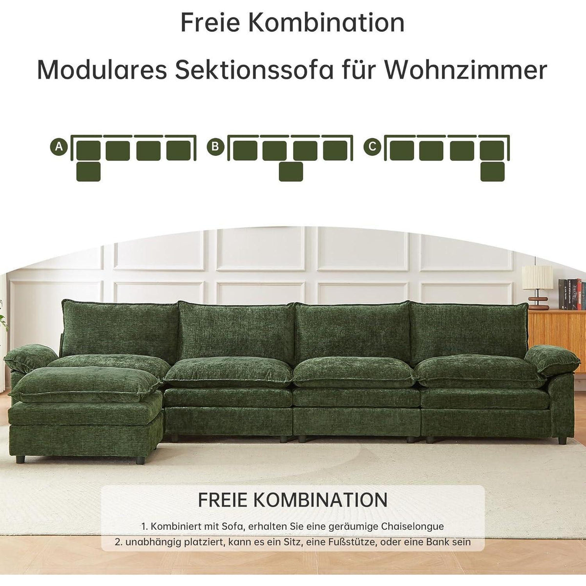 JIEXI Ecksofa mit Schlaffunktion, Grün, 4-Sitzer