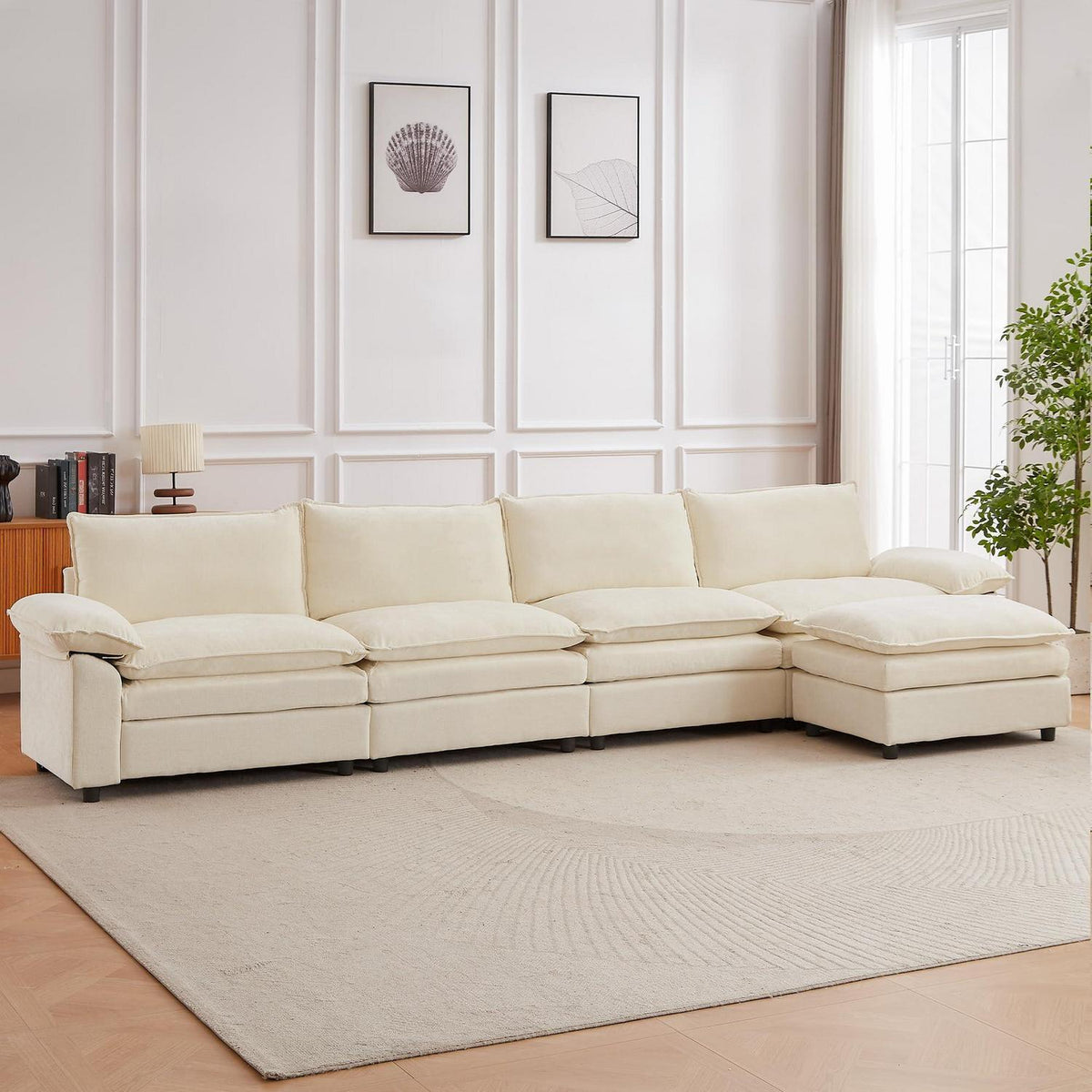 JIEXI Ecksofa mit Schlaffunktion – Beige, 4-Sitzer, L-Form