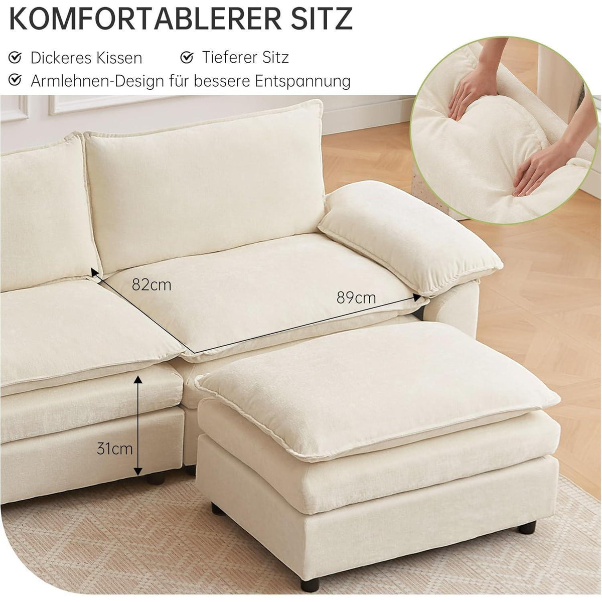 JIEXI Ecksofa mit Schlaffunktion – Beige, 4-Sitzer, L-Form