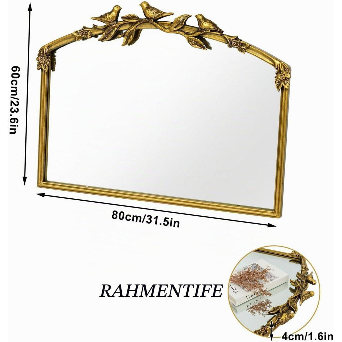 Goldener Barock Spiegel 80x60cm - Vintage Bogen-Wandspiegel mit Eisenrahmen