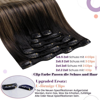 Echthaar Clip-In Haarverlängerung Schwarz Ombre Braun Blond