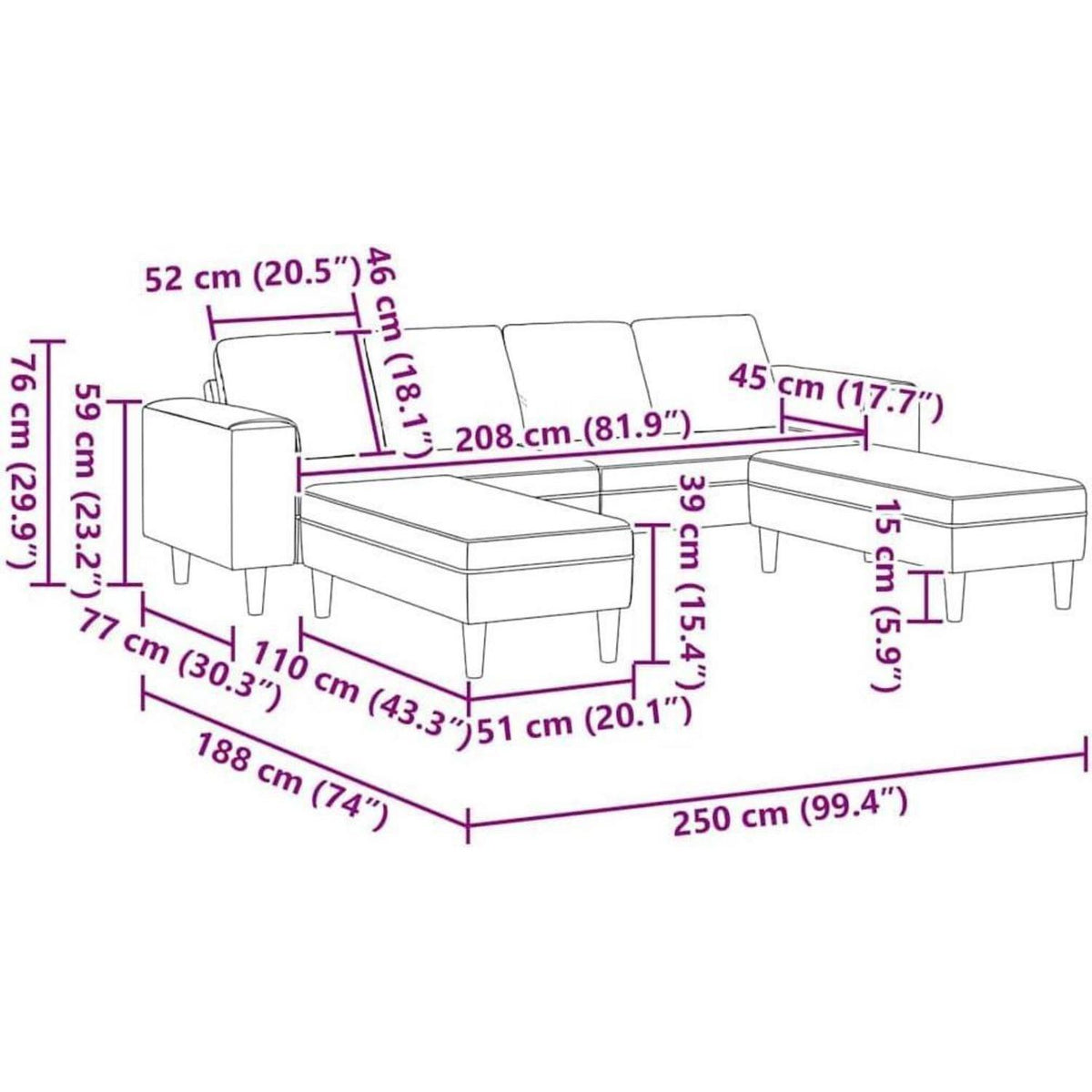 Modernes Cord Polstersofa 3-teilig Dunkelgrau mit Ottomane