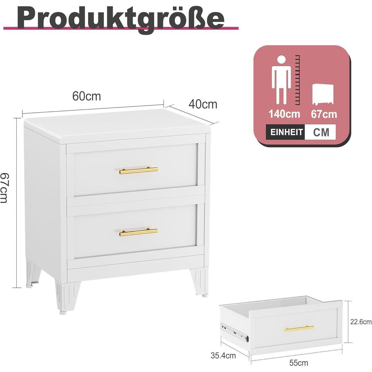 Weiße Metallkommode mit 2 Schubladen – Schrank für Schlafzimmer & Flur