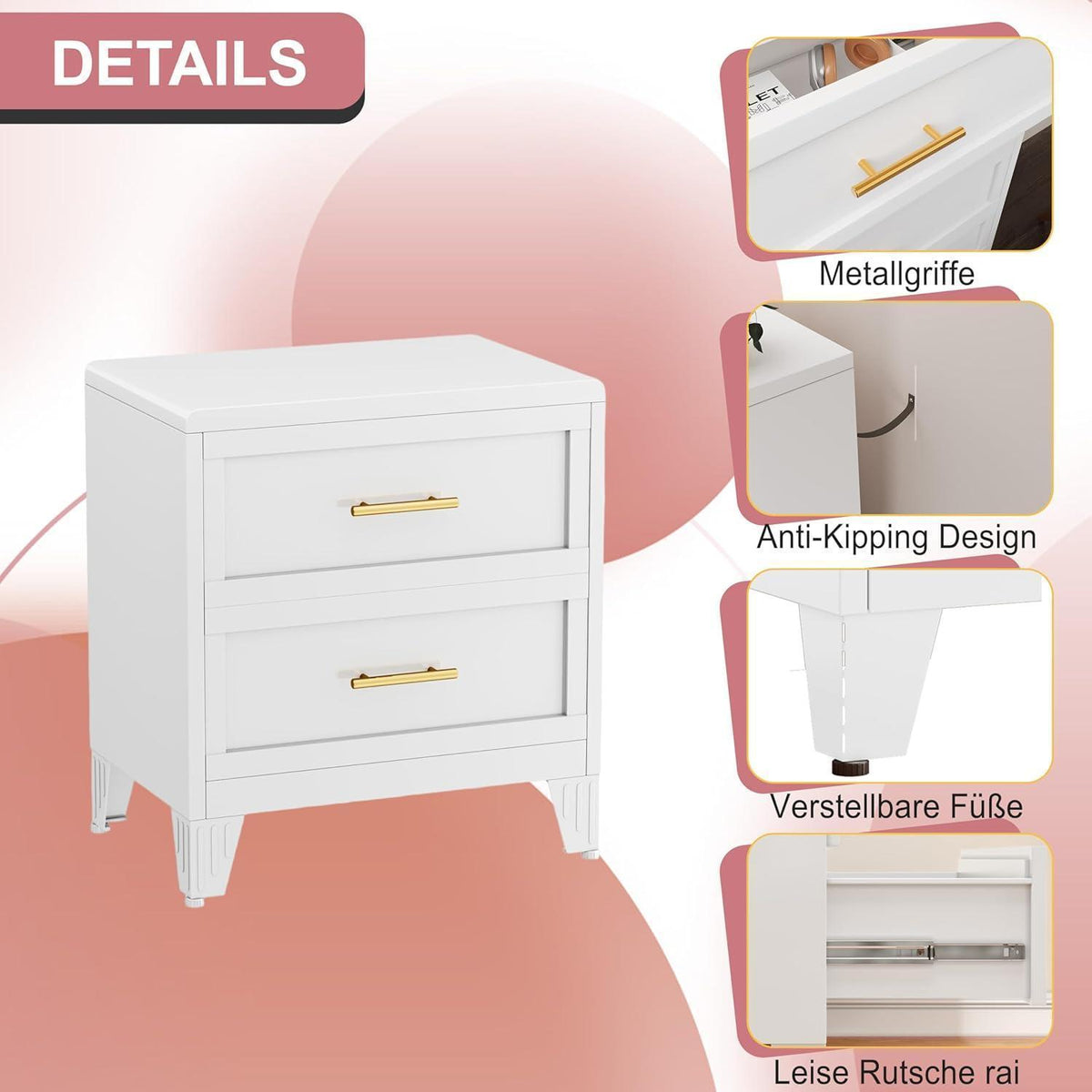 Weiße Metallkommode mit 2 Schubladen – Schrank für Schlafzimmer & Flur