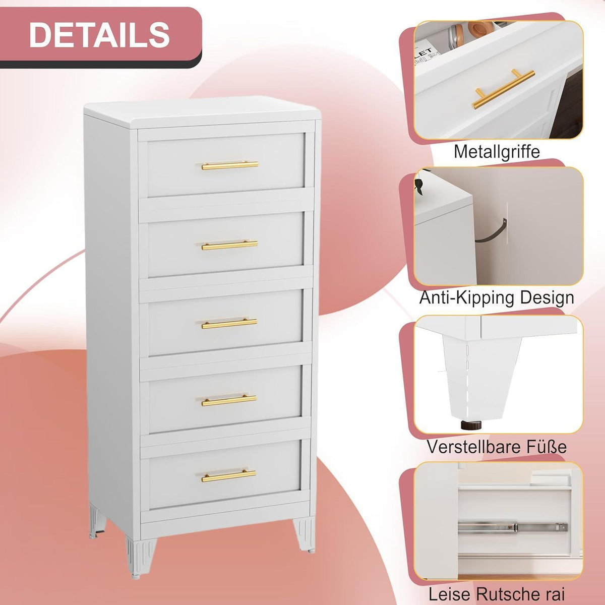 Hoche Kommode 135cm | 5 Schubladen, Weiß | Schlafzimmer & Büro