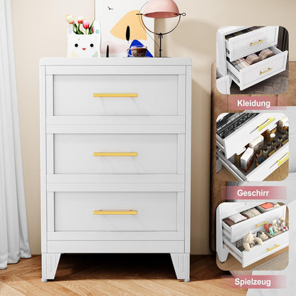 90cm Hoche Kommode Weiß – 3 Schubladen, Metall, Schlafzimmer & Büro