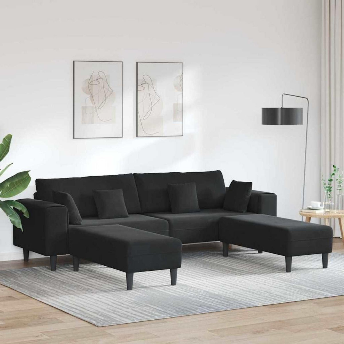 Samt Polstersofa mit Ottomane Schwarz 208 cm