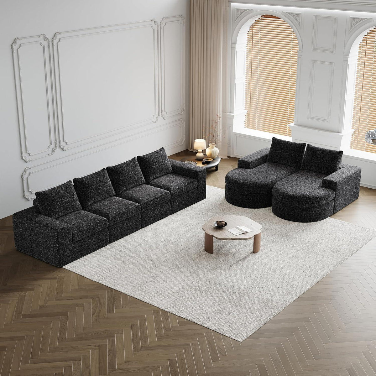 Modulares Ecksofa mit Chaiselongue & Chenille-Bezügen Schwarz