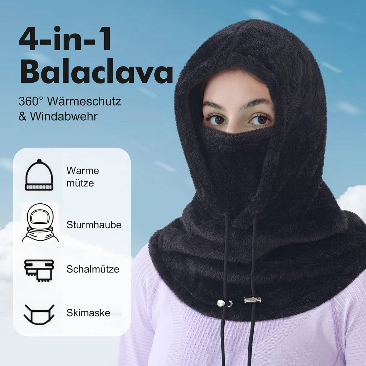 Sturmhaube Winter Damen Herren Fleece Balaclava Thermo Skimütze Schwarz