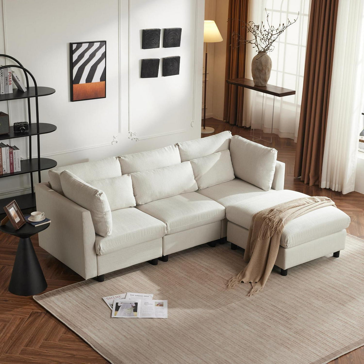 Modernes 3-Sitzer Sofa mit Fußhocker & Schlaffunktion, Beige