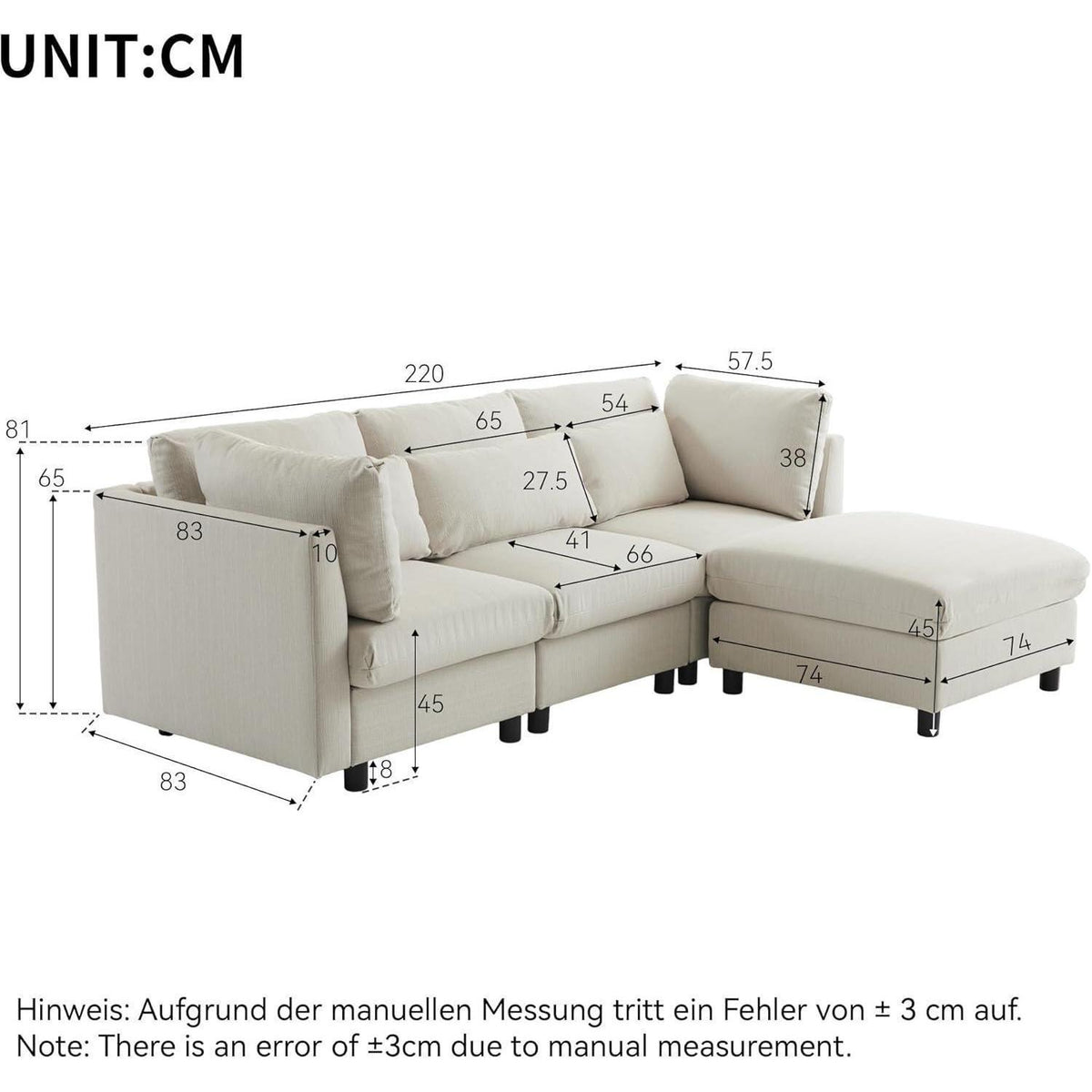 Modernes 3-Sitzer Sofa mit Fußhocker & Schlaffunktion, Beige