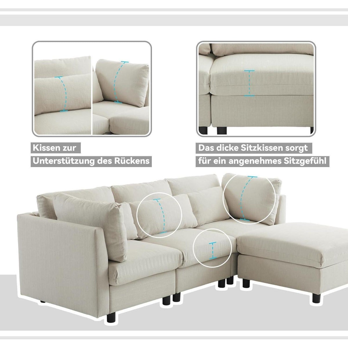 Modernes 3-Sitzer Sofa mit Fußhocker & Schlaffunktion, Beige
