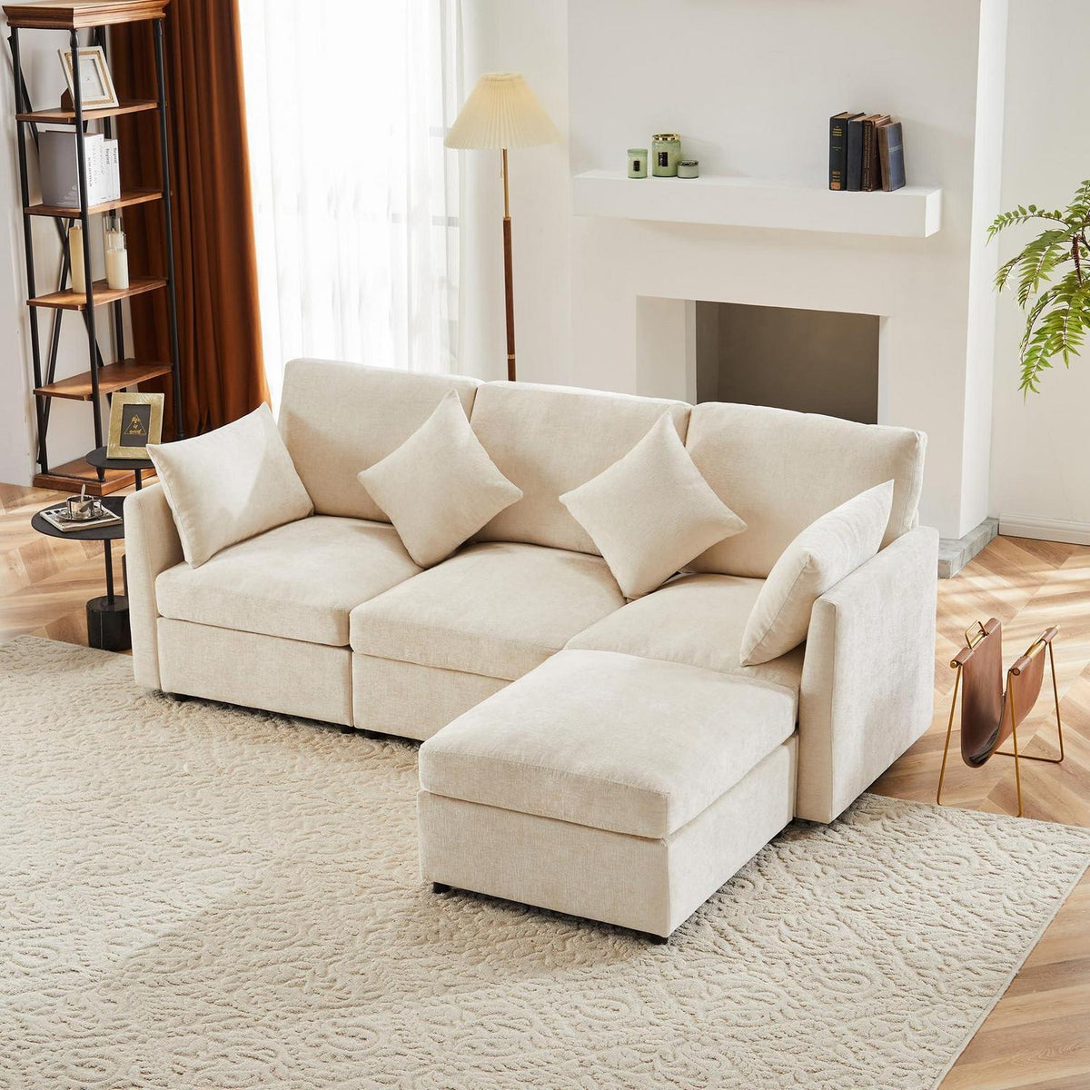 3-Sitzer Sofa mit Fußhocker & Schlaffunktion, Beige