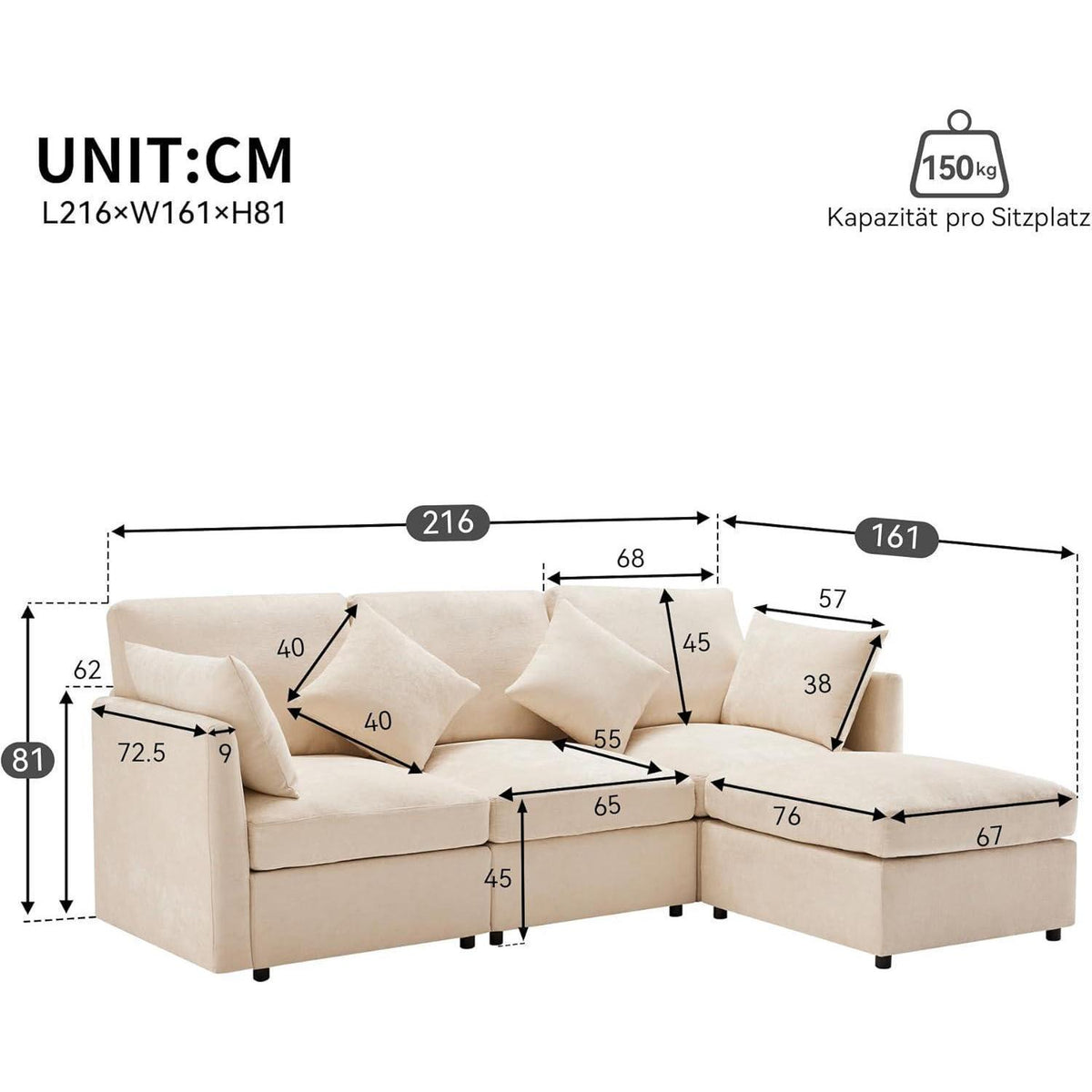 3-Sitzer Sofa mit Fußhocker & Schlaffunktion, Beige