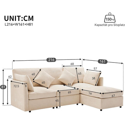 3-Sitzer Sofa mit Fußhocker & Schlaffunktion, Beige
