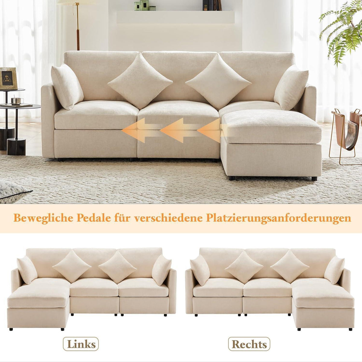 3-Sitzer Sofa mit Fußhocker & Schlaffunktion, Beige