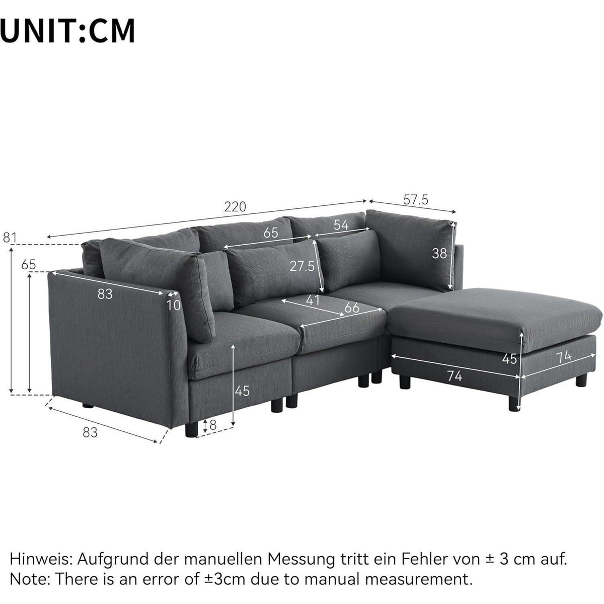 Modernes 3-Sitzer Sofa mit Fußhocker & Schlaffunktion, Grau