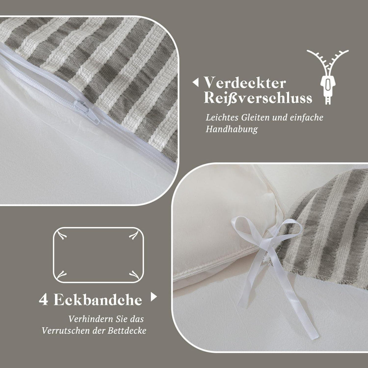 Bettwäsche-Set 135x200 Baumwolle Gestreift Kaffee & Weiß 4tlg.