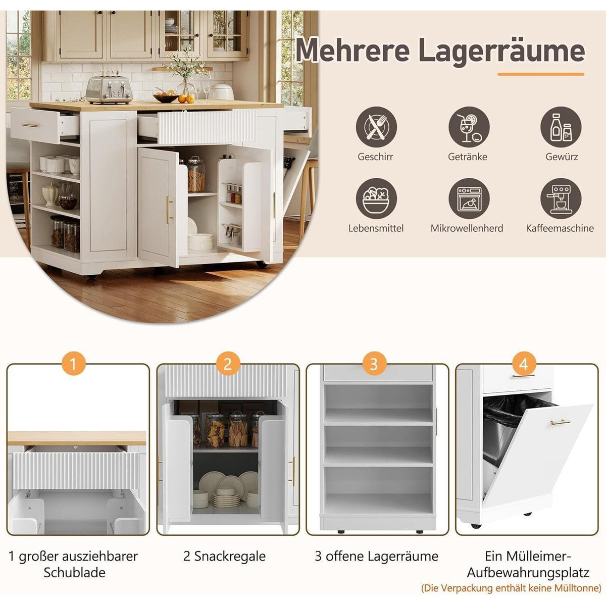 Kücheninsel mit Rollen & Mülleimerfach – Weiß