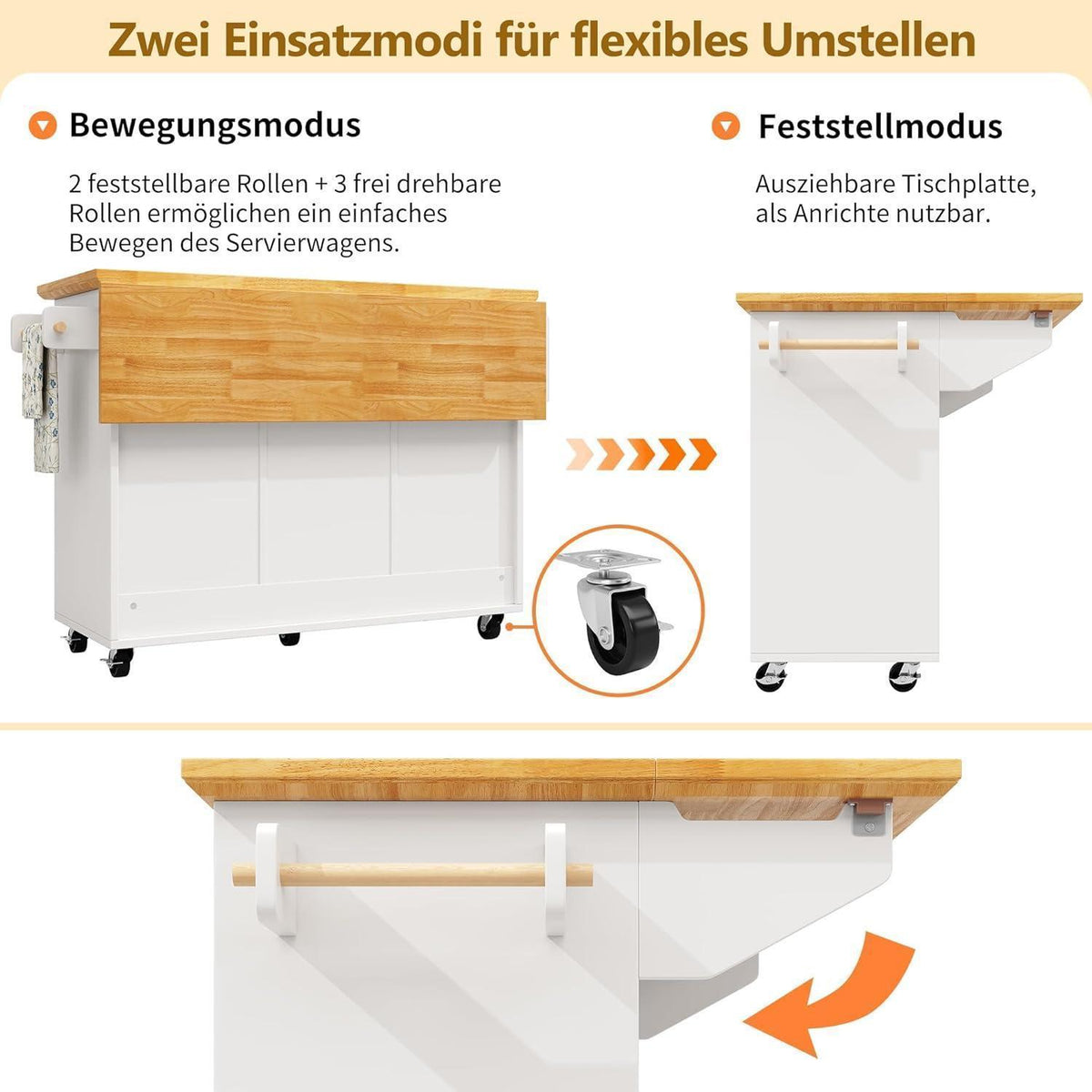 Ausziehbare Kücheninsel mit Stauraum & Handtuchhalter, Weiß