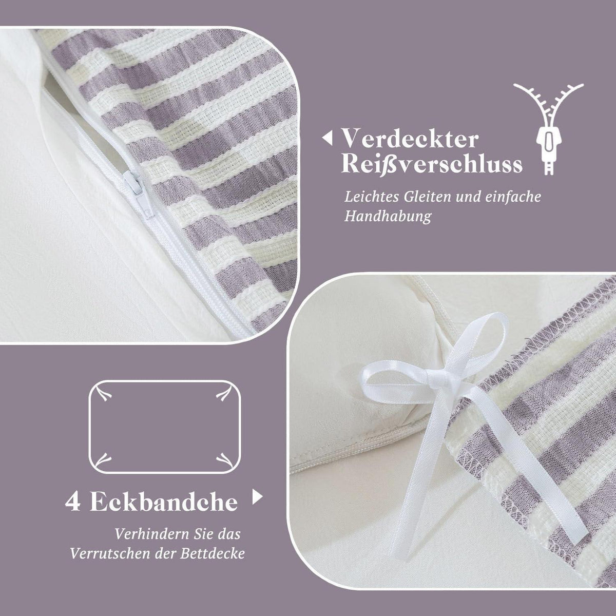 Bettwäsche-Set 135x200 Baumwolle Gestreift Violett & Weiß 4tlg.