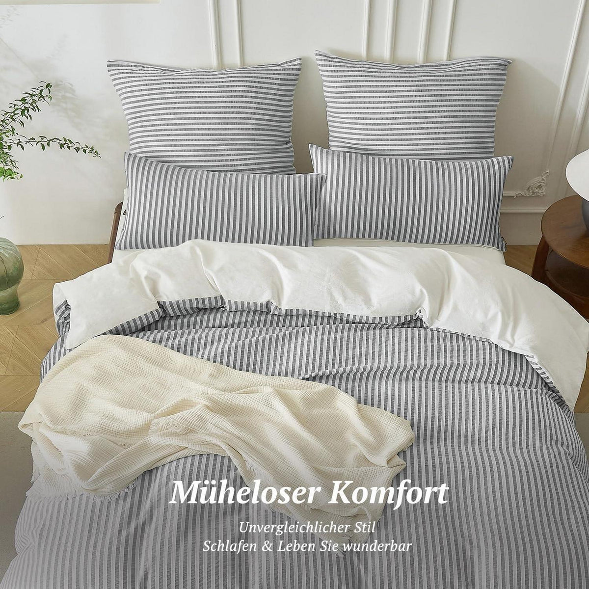 Bettwäsche-Set 135x200 Baumwolle Gestreift Dunkelgrau & Weiß 4tlg.