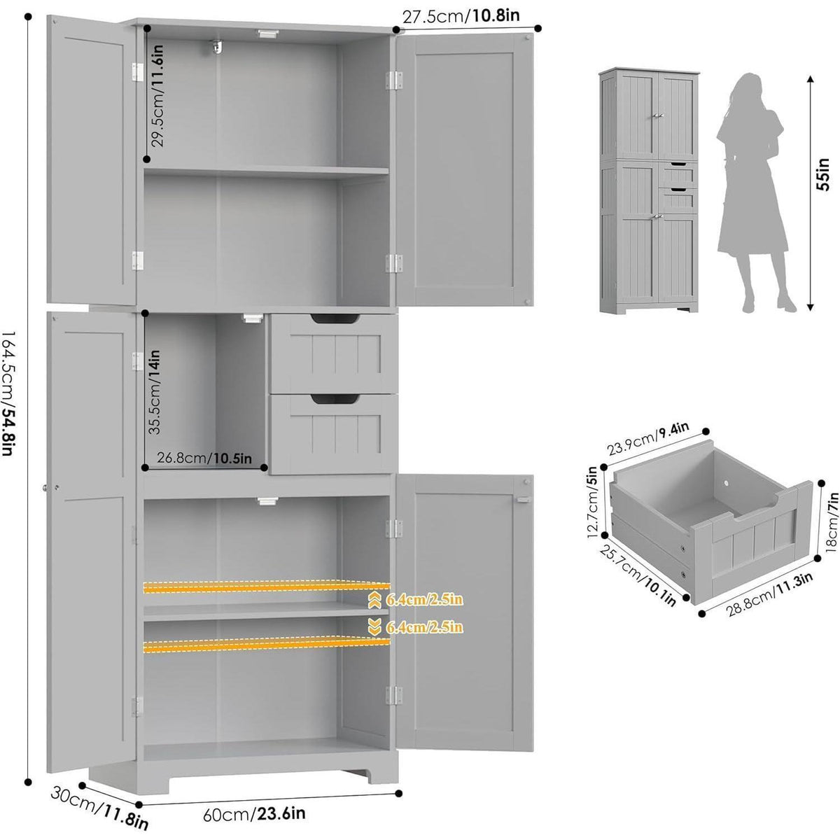 Hochschrank Badezimmerschrank mit 4 Türen & 2 Schubladen, Grau