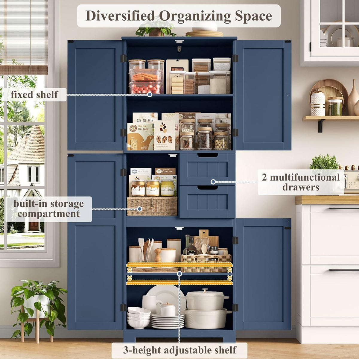 Hochschrank Dunkelblau mit 4 Türen & 2 Schubladen
