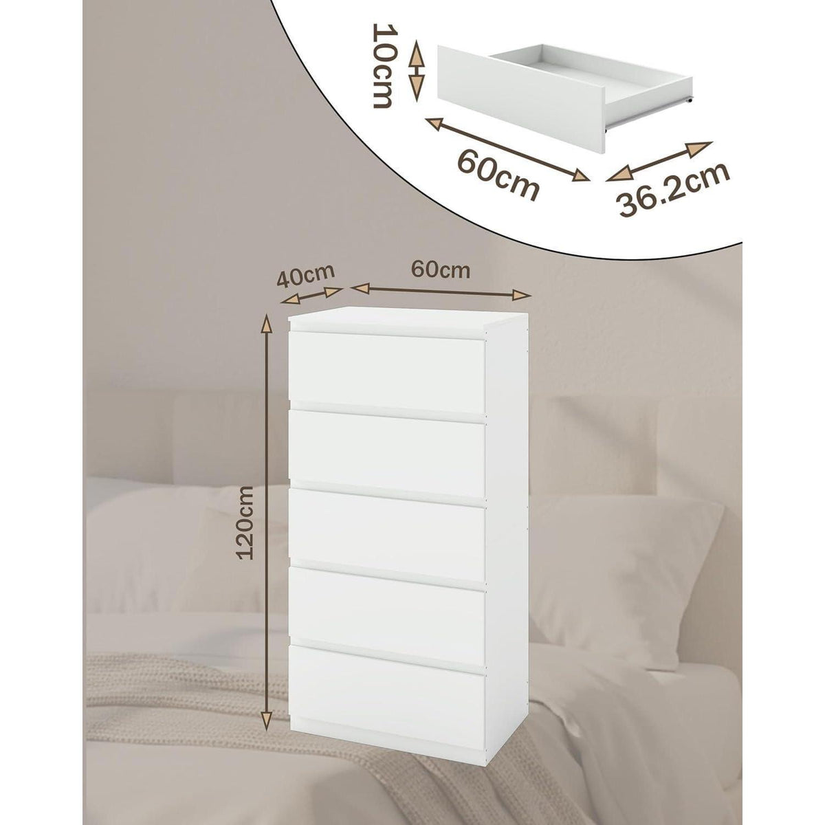 Weißer Kommode mit Schubladen – Schmaler Schrank 60x40x120.5 cm