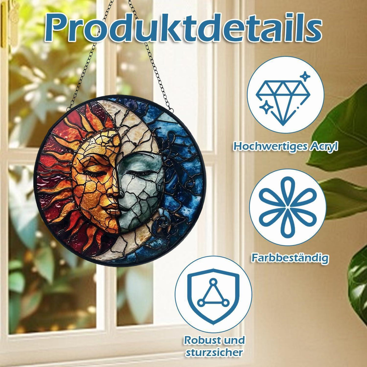 Sonnenfänger Fenster Hängend Sonne-Mond Design | Buntes Acryl Fensterschmuck