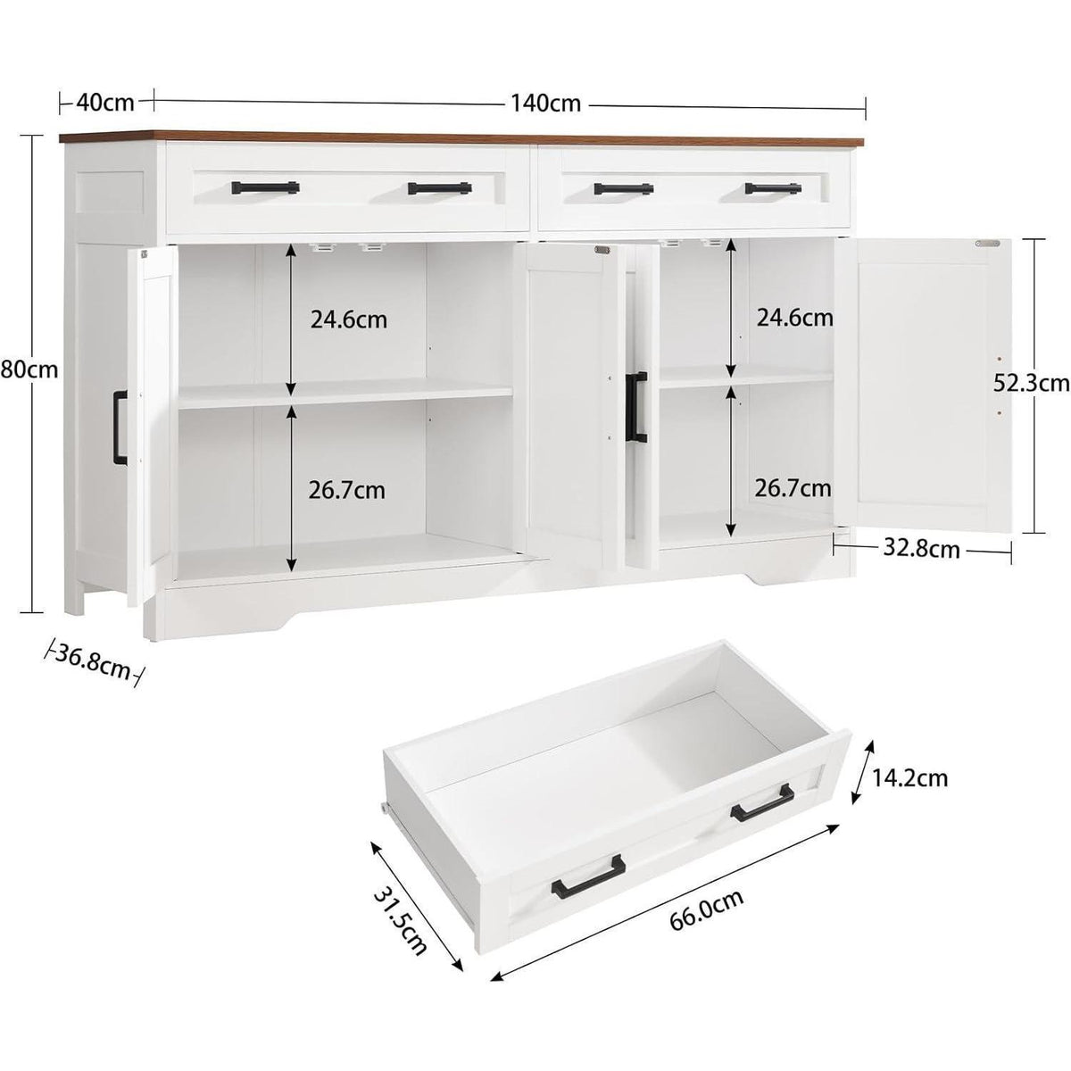 Sideboard mit Arbeitsplatte & Schubladen – Weiß 140x40x80cm