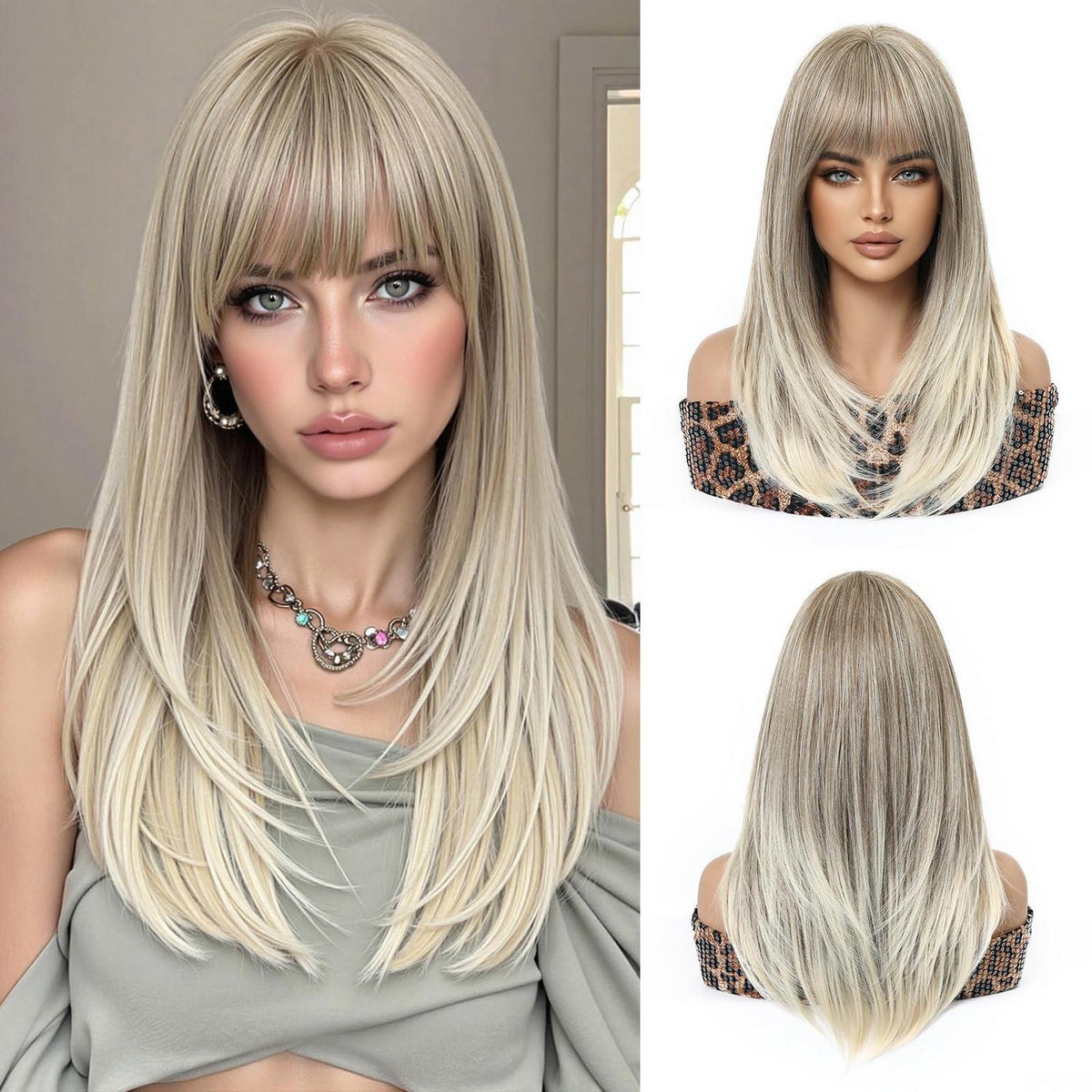 Aschblond Perücke mit Pony – Langes, glattes Synthetikhaar